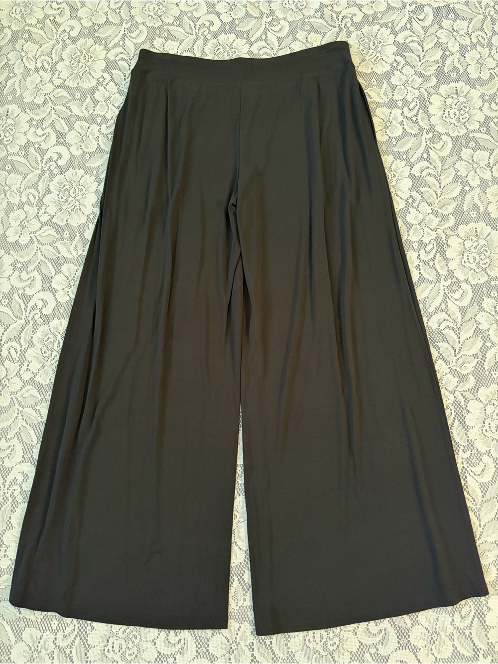 Eileen Fisher 100% Silk Classic Black Stretch Jersey Wide Leg / Palazzo Pants - Picture 11 of 12